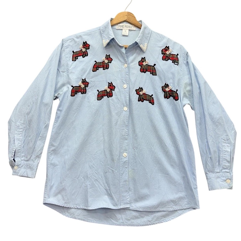 Vintage 90s Jane Ashley Scottie Dog Plaid Applique Pearl Beaded Shirt M Cottage